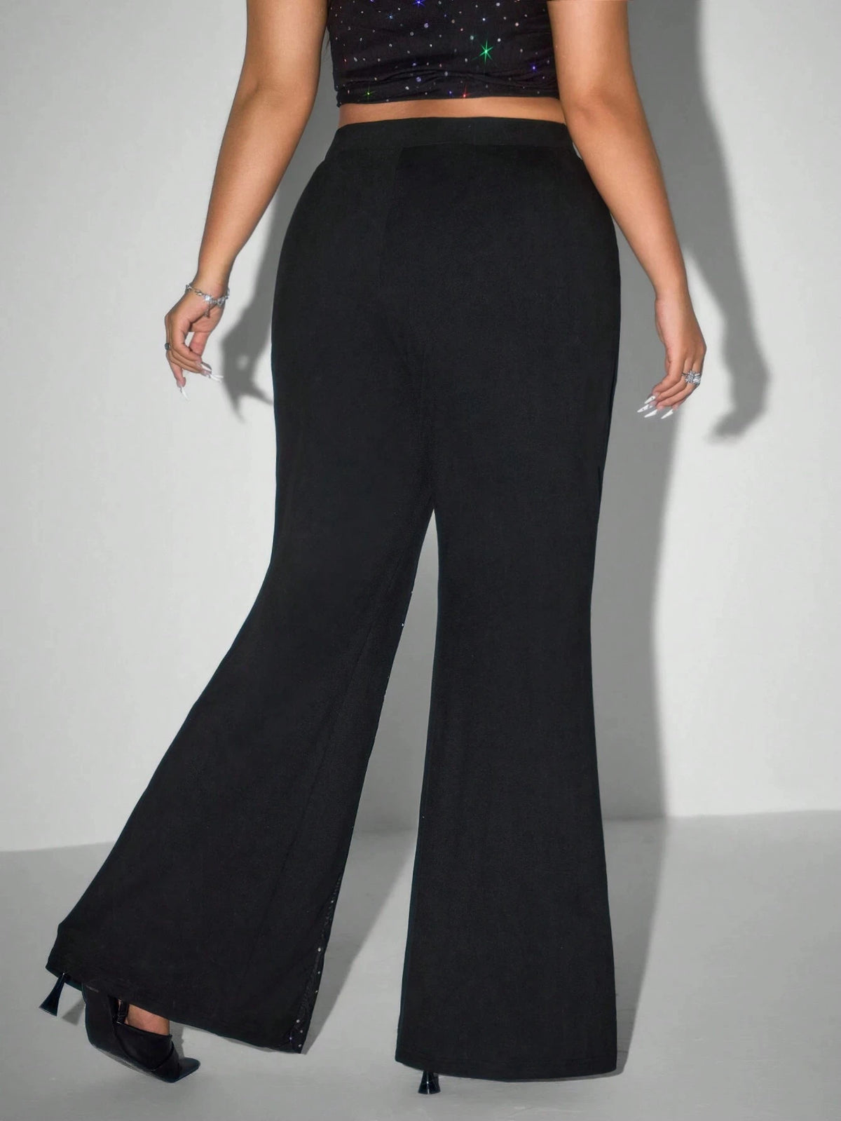 Women's Rhinestone Mesh Flare Pants With High Waist Design
