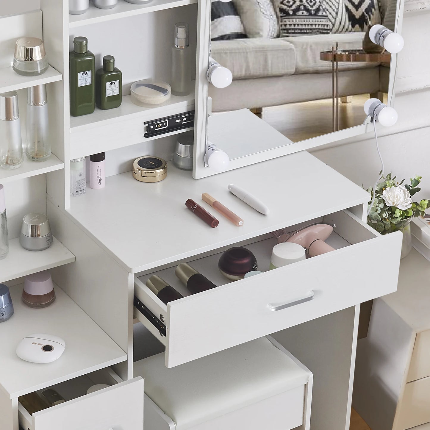 Yamissi LED Vanity Desk With Sliding Mirror 4 Drawer