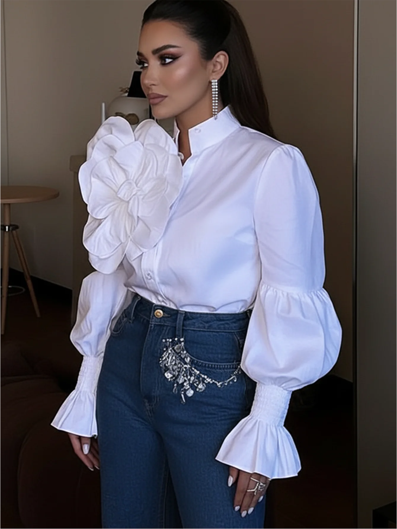 Women Stand Collar 3D Floral Puff Sleeve Polyester Blouse