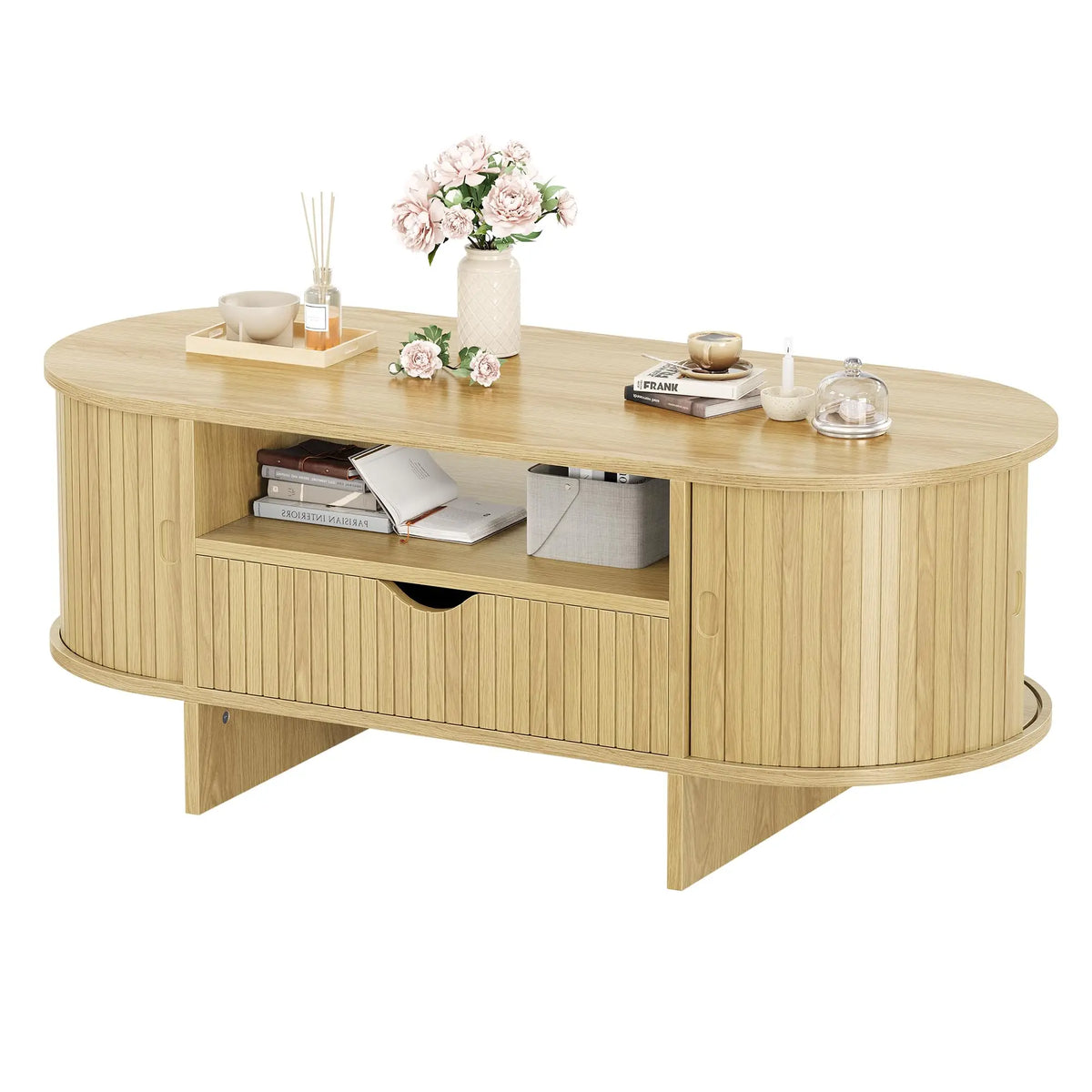 HiMISS Modern Oval Coffee Table With Drawer And Cabinet Storage