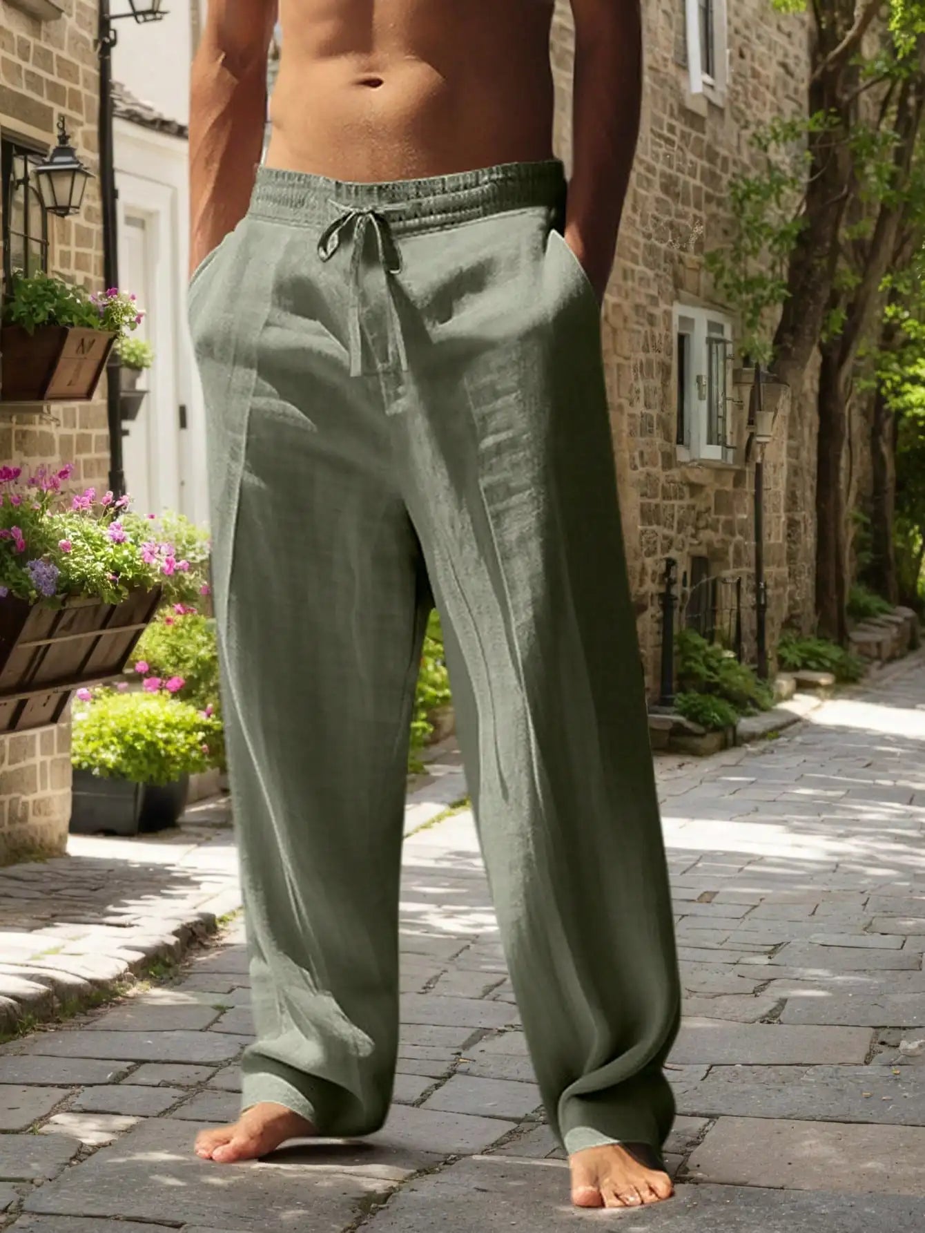 Men's Linen Wide Leg Casual Pants Breathable Lightweight Trousers