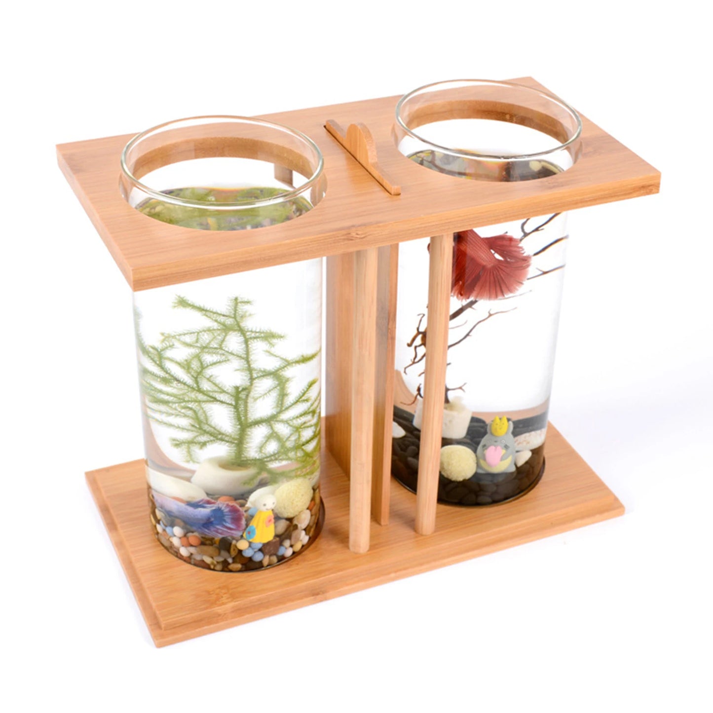 Dual Tank Bamboo Frame Desktop Aquarium With LED Lights