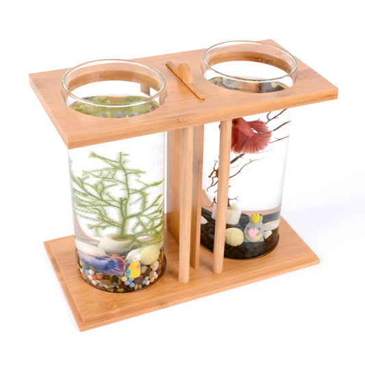 Dual Tank Bamboo Frame Desktop Aquarium With LED Lights