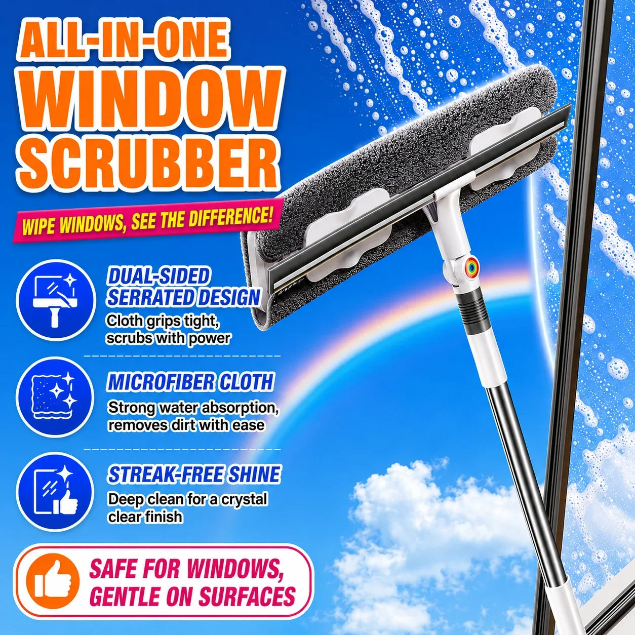 Joybos 2 In 1 Window Squeegee Rotating Head Extendable Pole