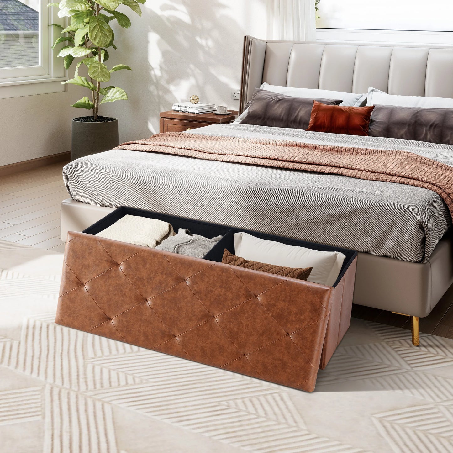 MCQ Foldable Faux Leather Storage Ottoman With Seat Cushion