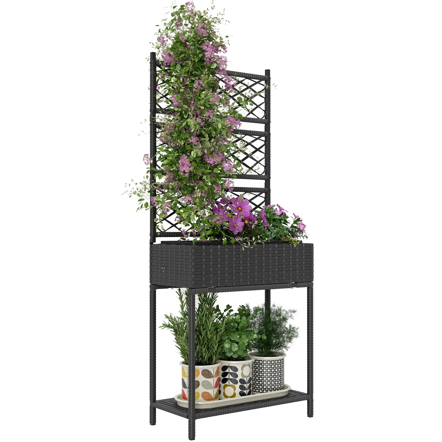Outsunny Rattan Elevated Planter With Flower Stand And Storage Shelf