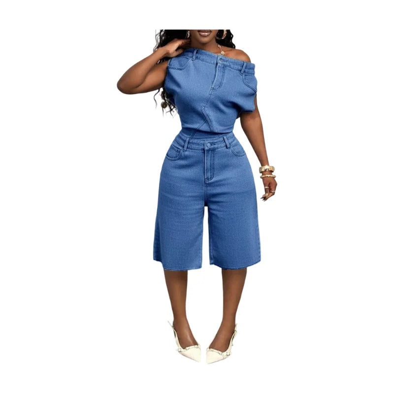 Women's Off Shoulder Sleeveless Top And Matching Shorts Set