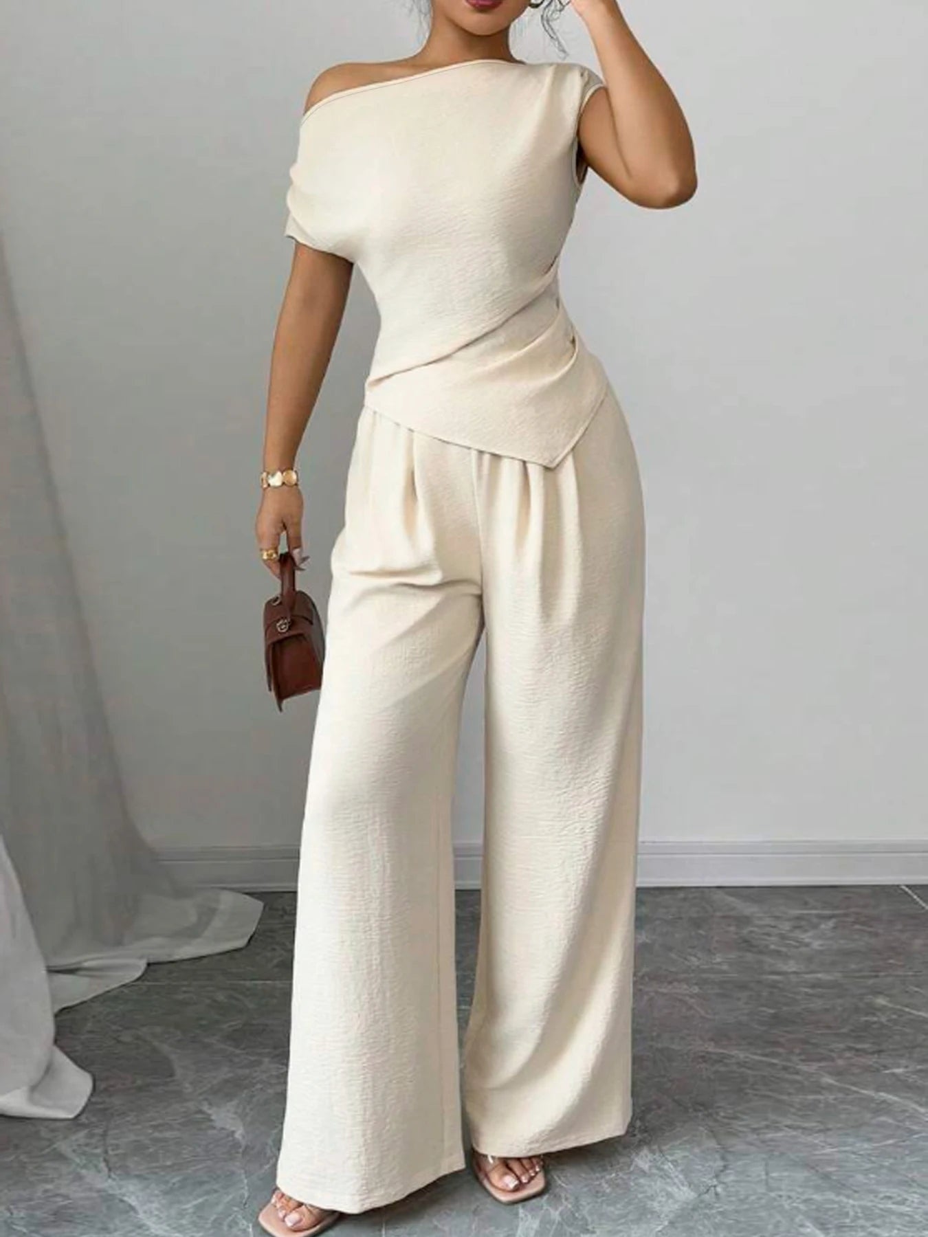 Elegant Asymmetric Top And Wide Leg Pants Two Piece Set