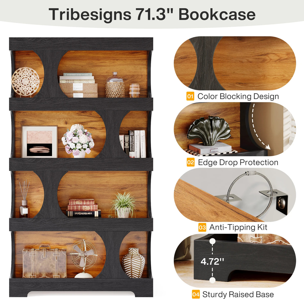 Tribesigns S-Shaped 4-Tier Wooden Bookcase Display Storage Shelves
