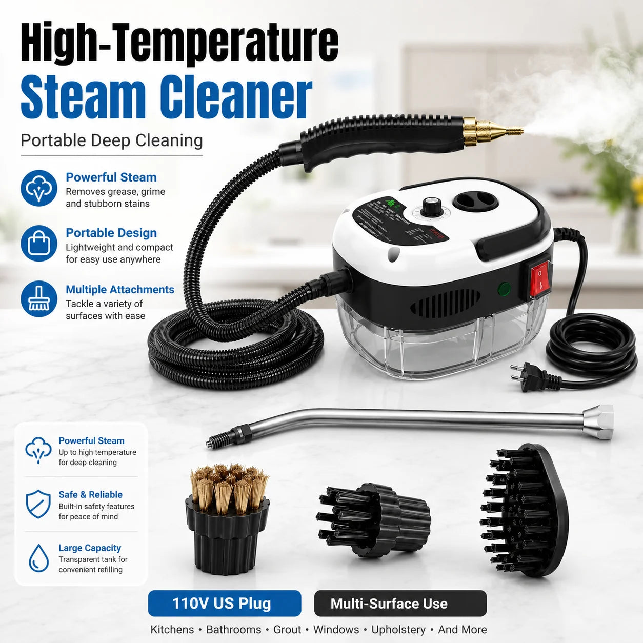 110V High Pressure Steam Cleaner With Multi Nozzles For Kitchen Car Bathroom