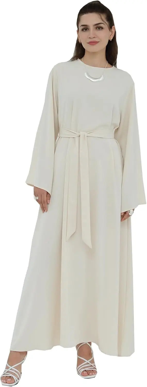 Women Long Abaya Dress With Belt Islamic Maxi Jilbab Robe