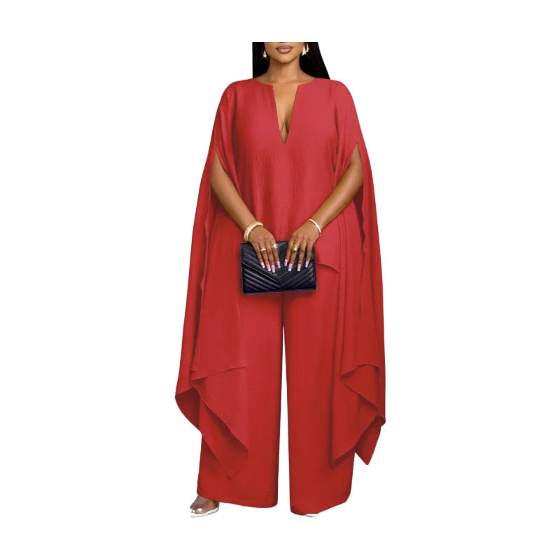 Women's Cape Sleeve Top Wide Leg Pants Two Piece Set