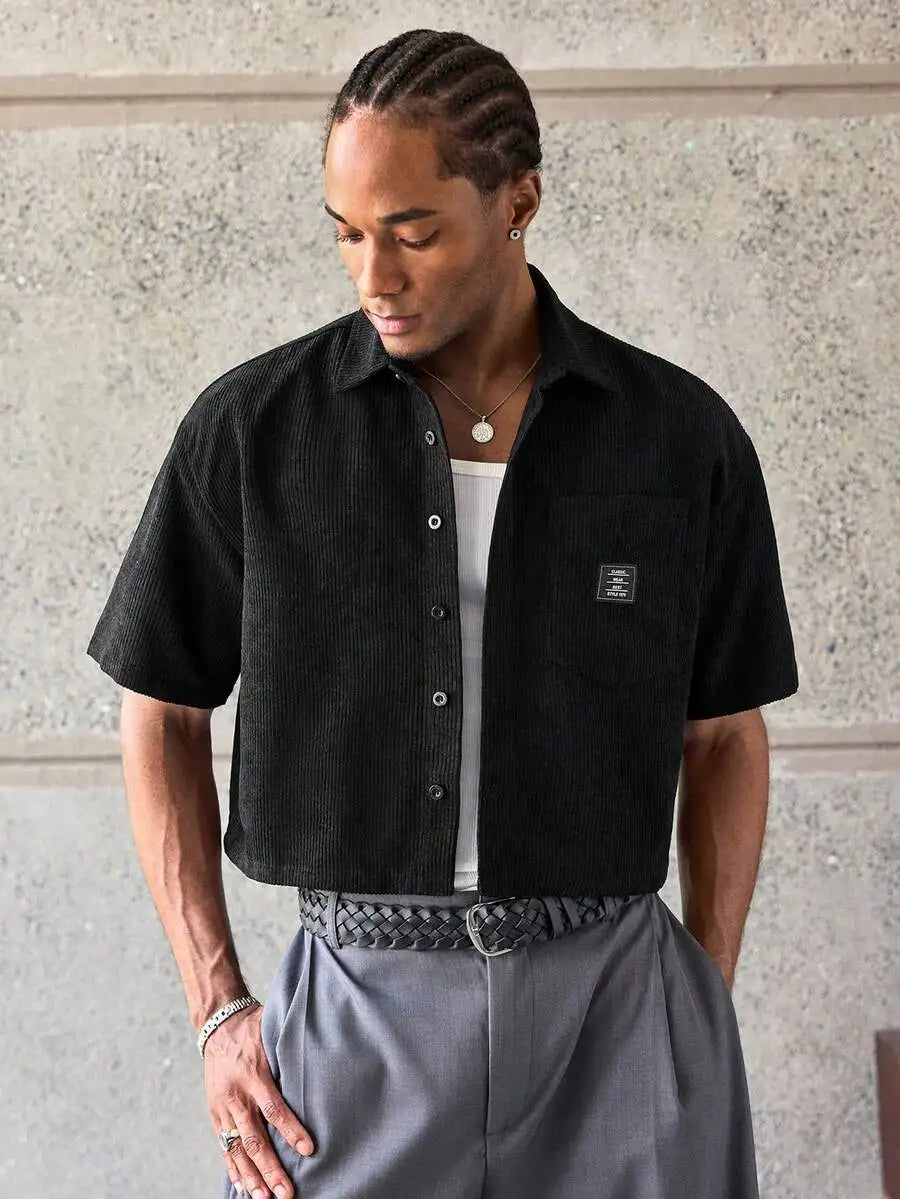 Men Patchwork Corduroy Short Sleeve Shirt Casual Daily Wear