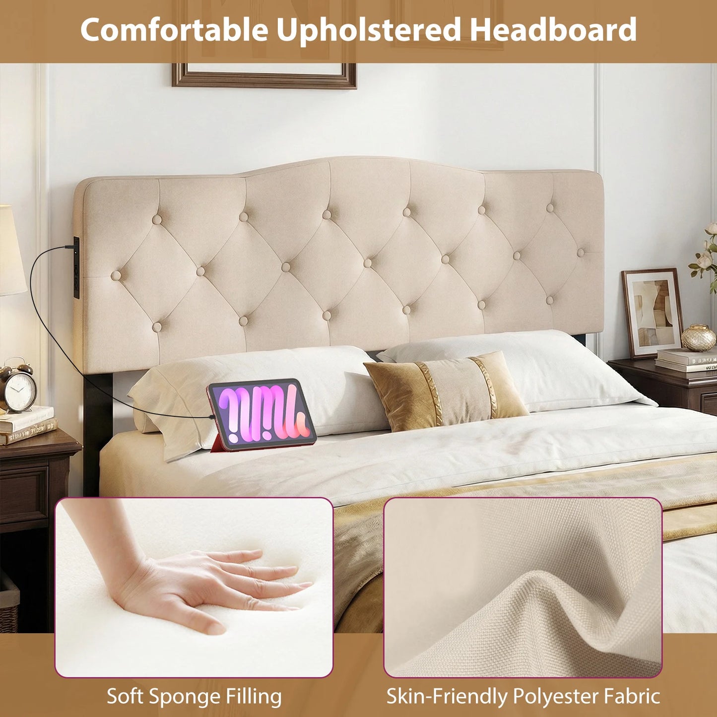 HOMASIS Upholstered Headboard For Queen And Full Beds With Outlets