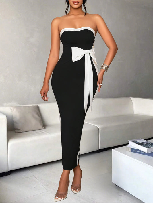 Women One Shoulder Color Block Knot Design Ankle Length Polyester Dress