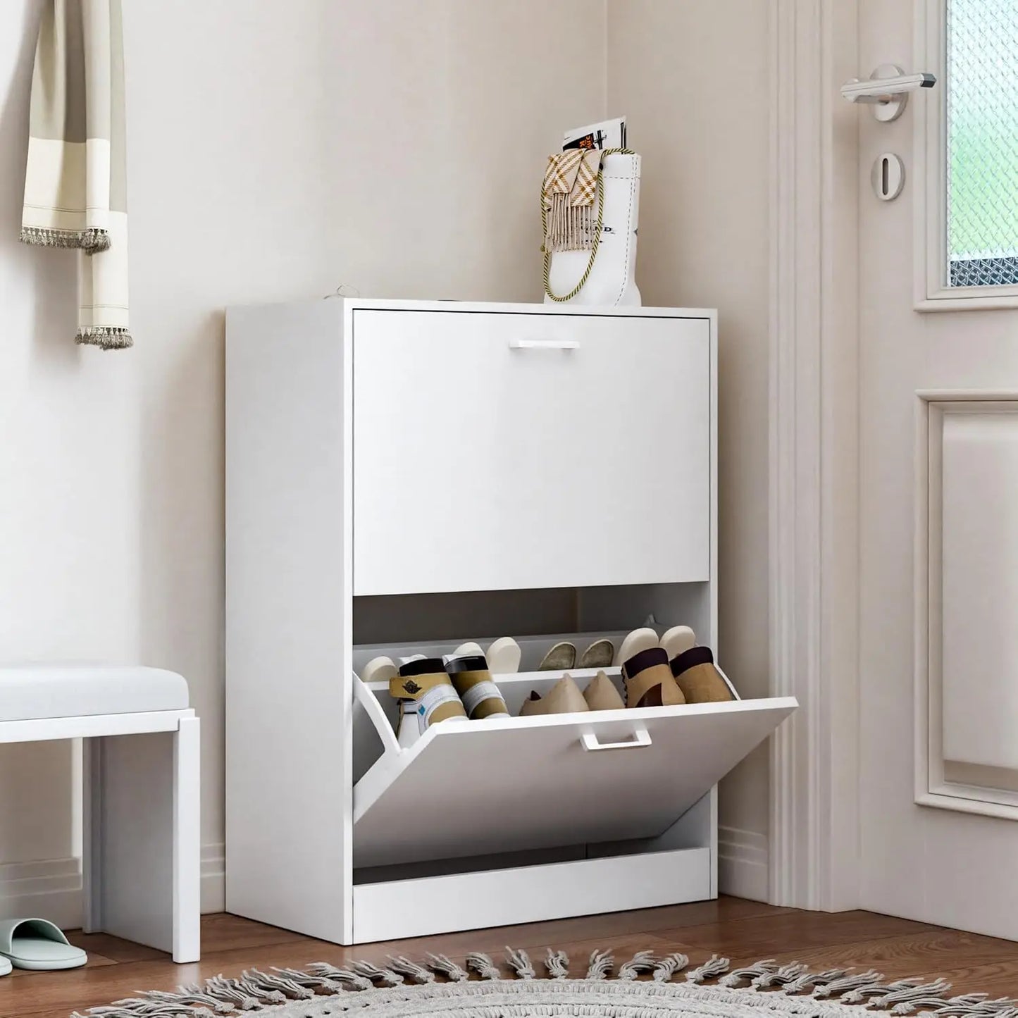 Slim Freestanding Shoe Cabinet With Flip Drawers Hidden Storage