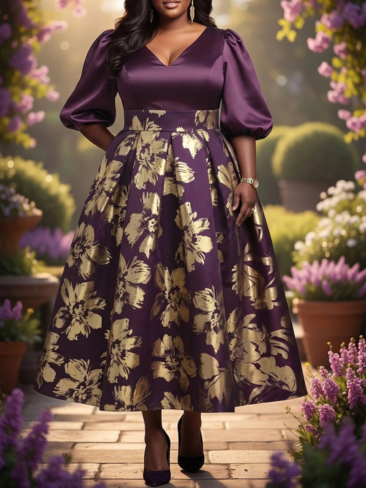 Elegant Floral Midi Dress With Puff Sleeves For Weddings