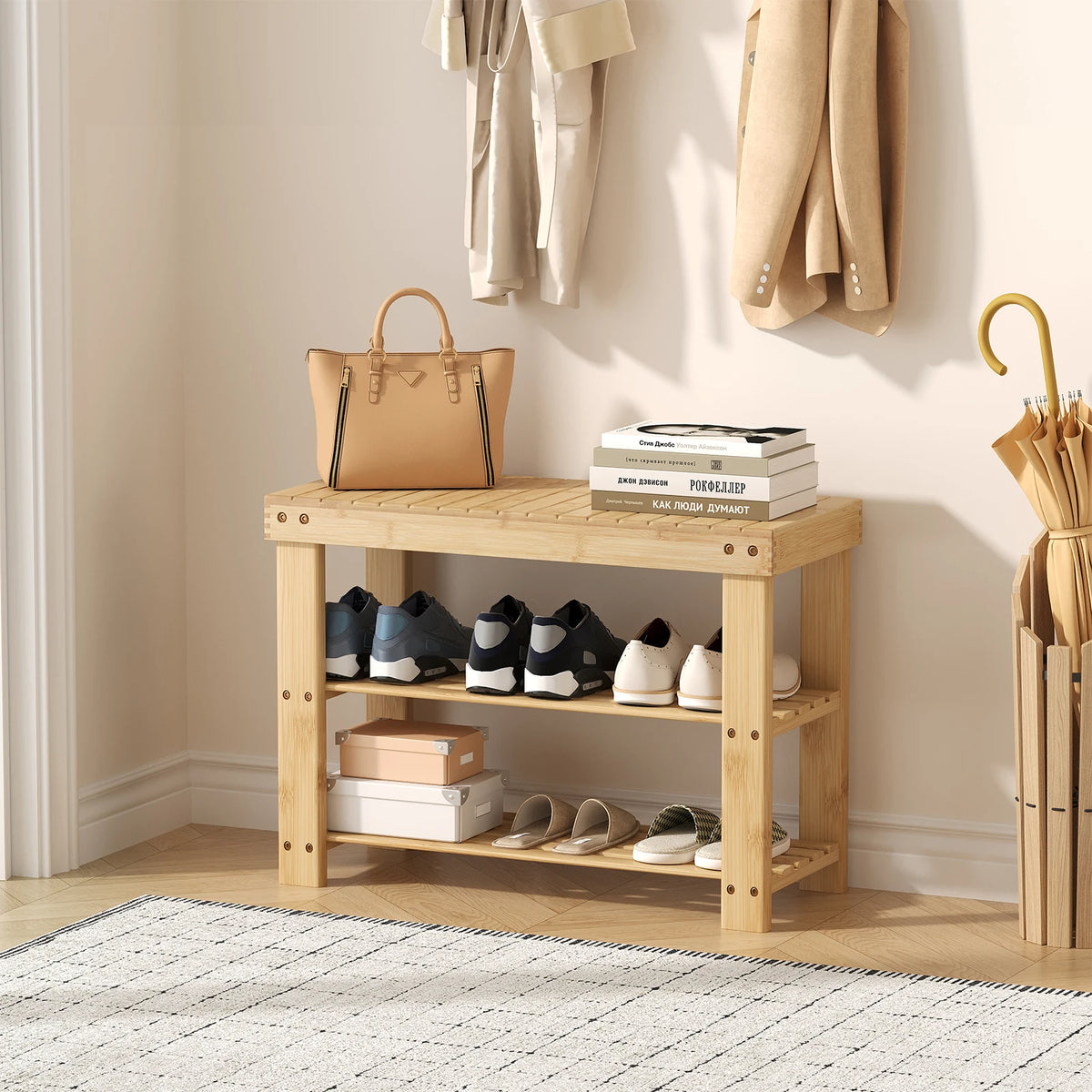 MCQ Three Tier Bamboo Shoe Cabinet And Storage Bench