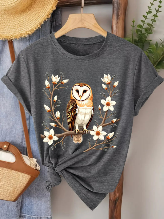 Women Short Sleeve Owl On Flower Branch Breathable Tee