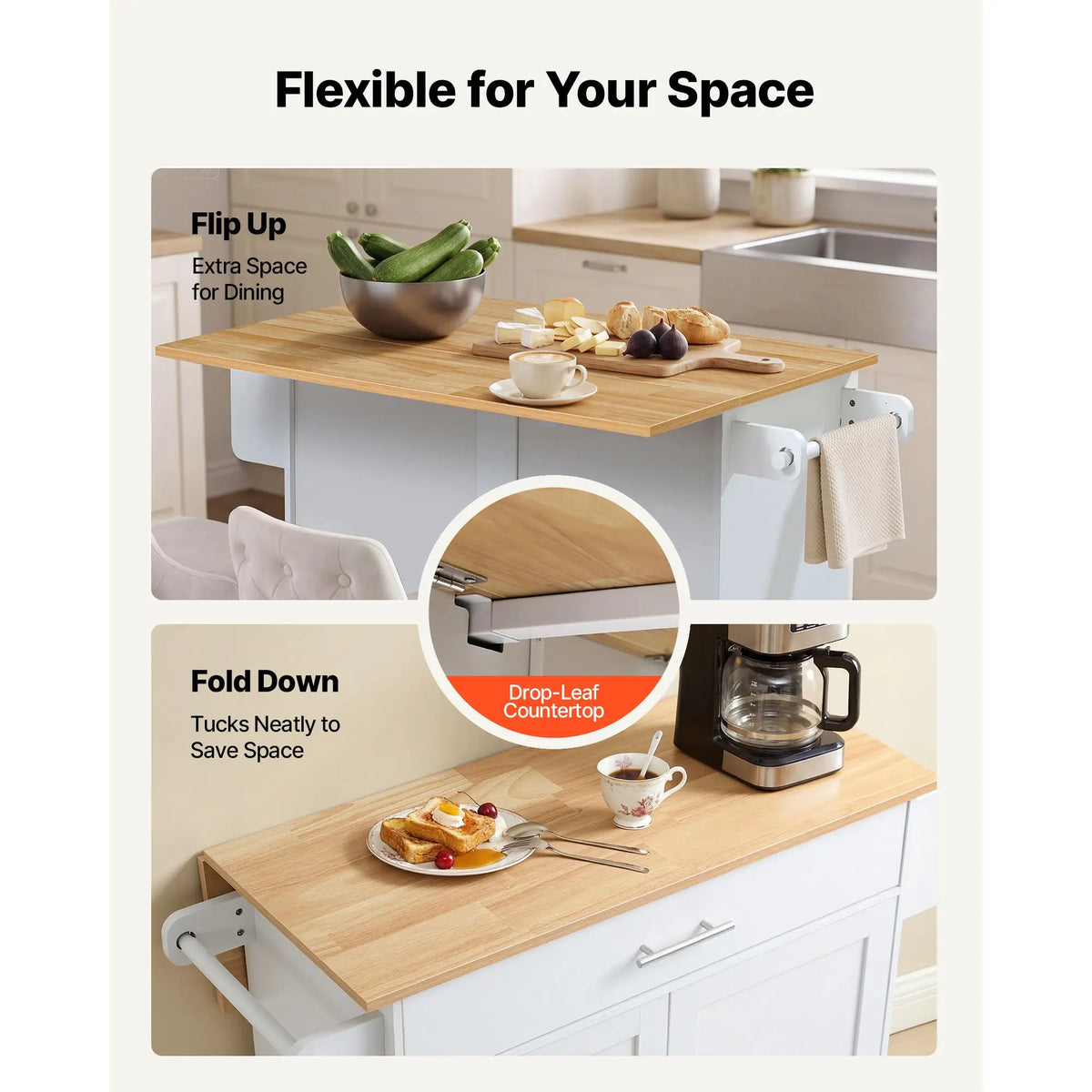 Wooden Rolling Kitchen Island Cart With Drawers And Spice Rack