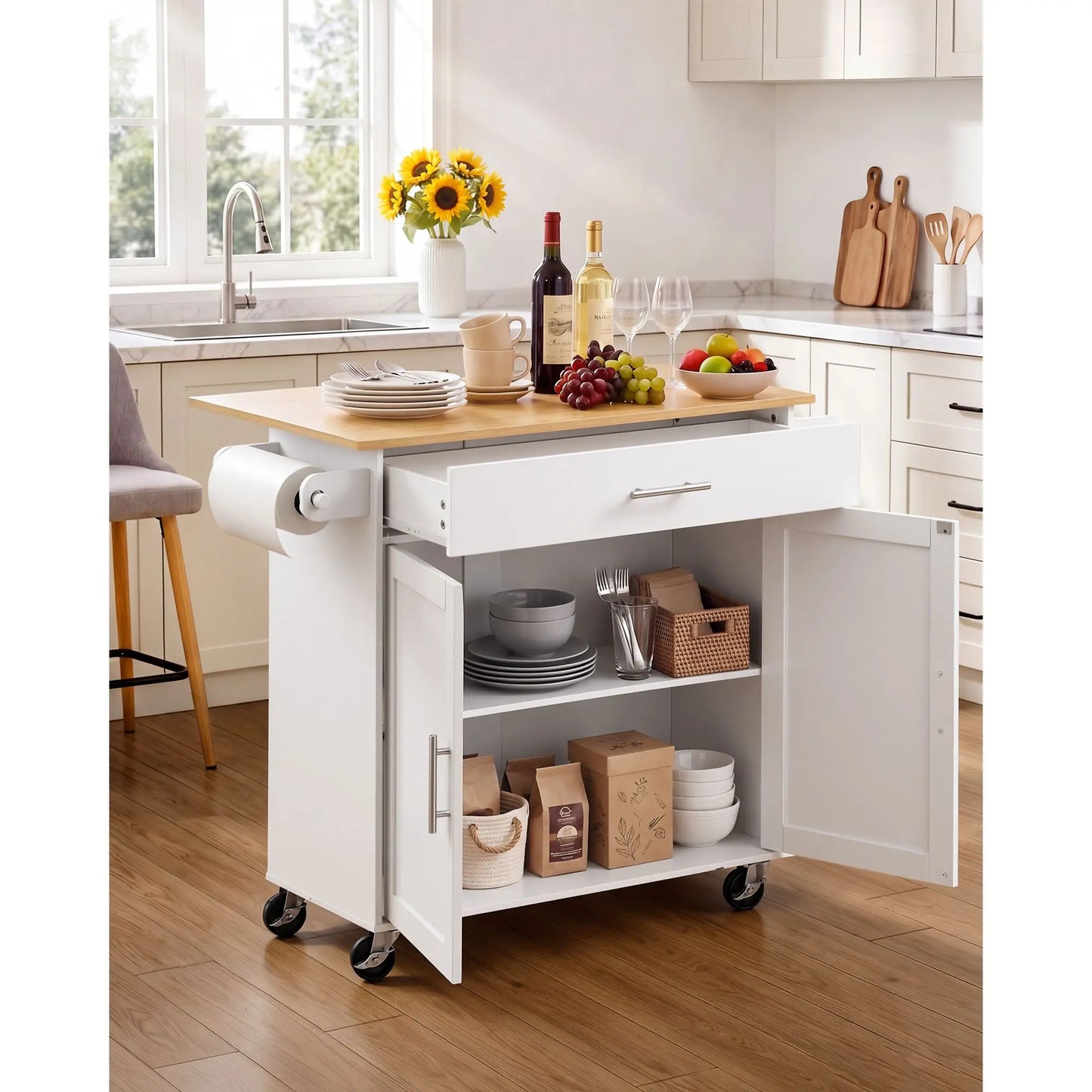 Wooden Rolling Kitchen Island Cart With Drawers And Spice Rack
