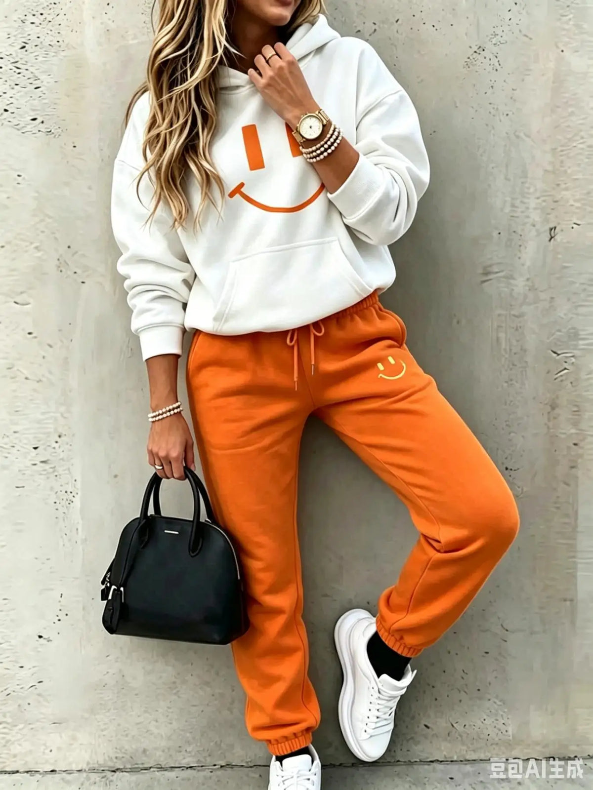 Women Smile Face Print Hooded Two Piece Casual Tracksuit Set