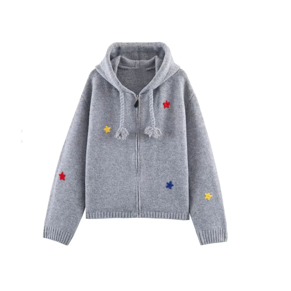 Loose Women's Denim Cotton Hoodie With Zippers And Embroidery