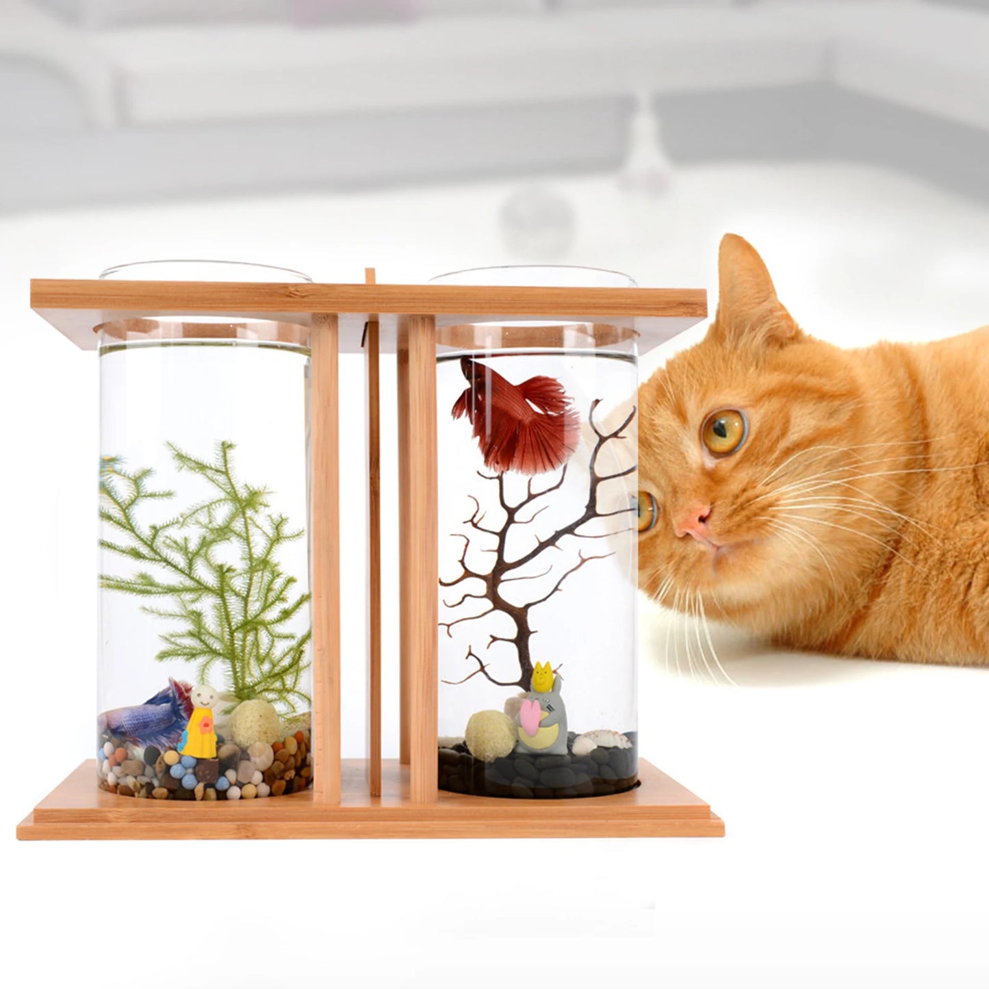 Dual Tank Bamboo Frame Desktop Aquarium With LED Lights