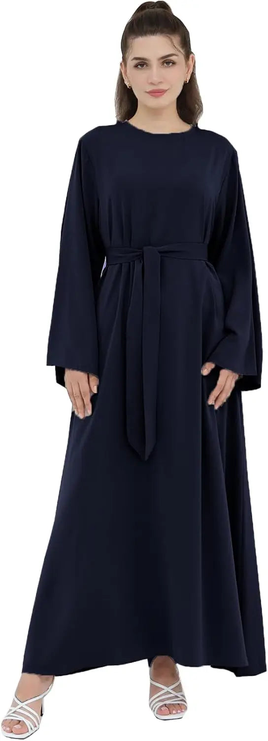 Women Long Abaya Dress With Belt Islamic Maxi Jilbab Robe