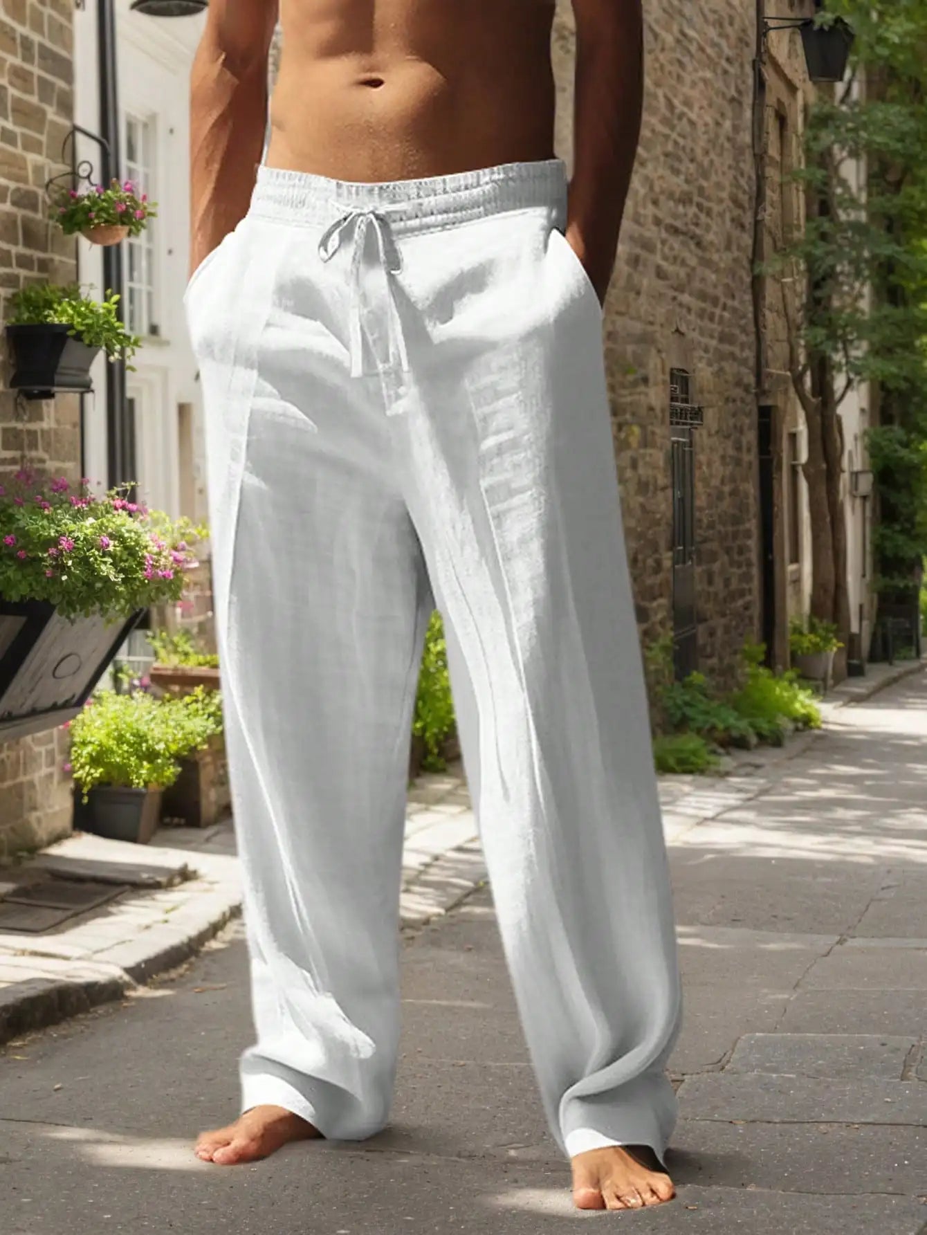 Men's Linen Wide Leg Casual Pants Breathable Lightweight Trousers