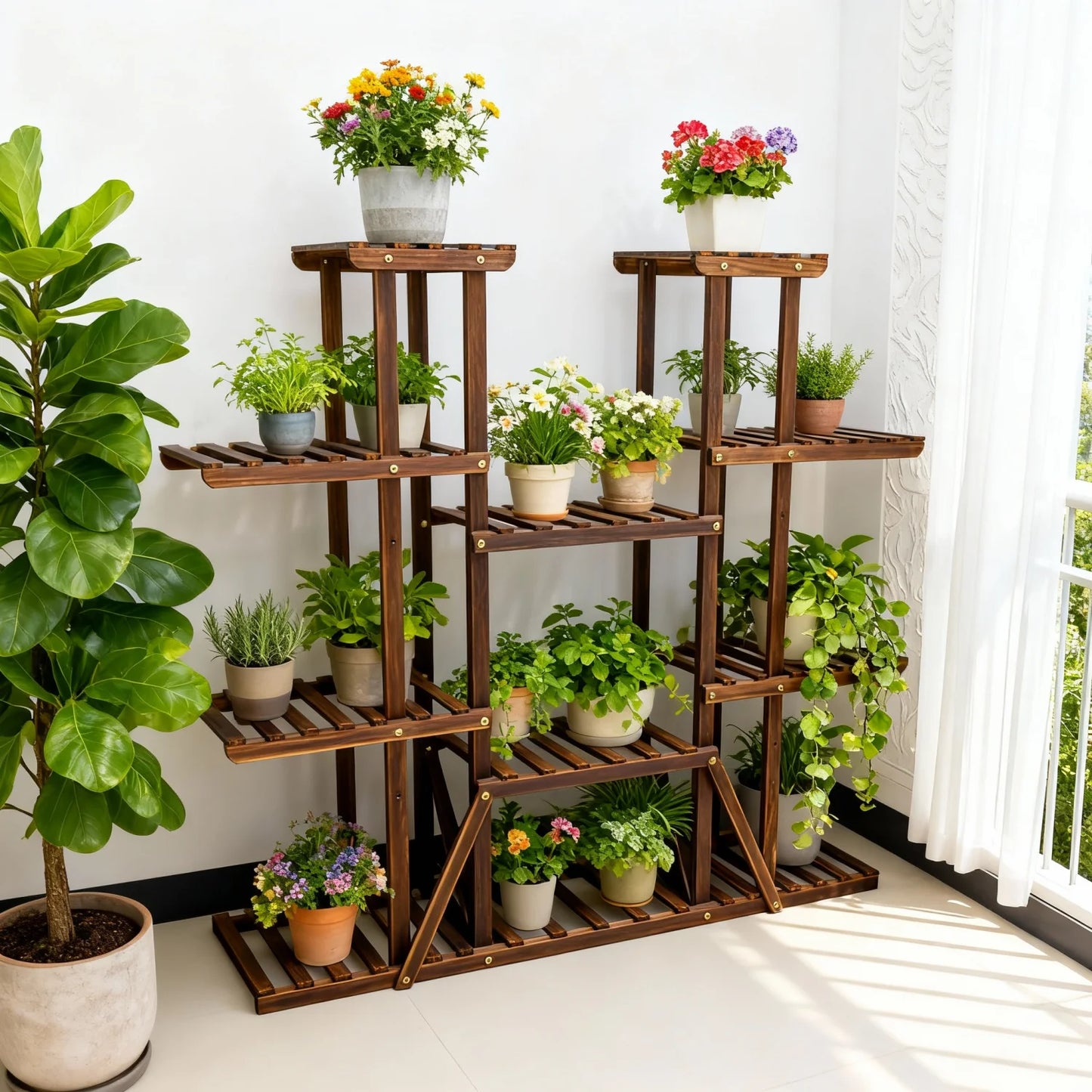 11 Tier Carbonized Wooden Plant Stand Flower Pot Display Rack