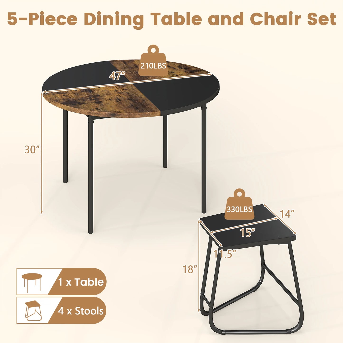 HOMASIS 5Piece Dining Set For Four With Wood Tabletop