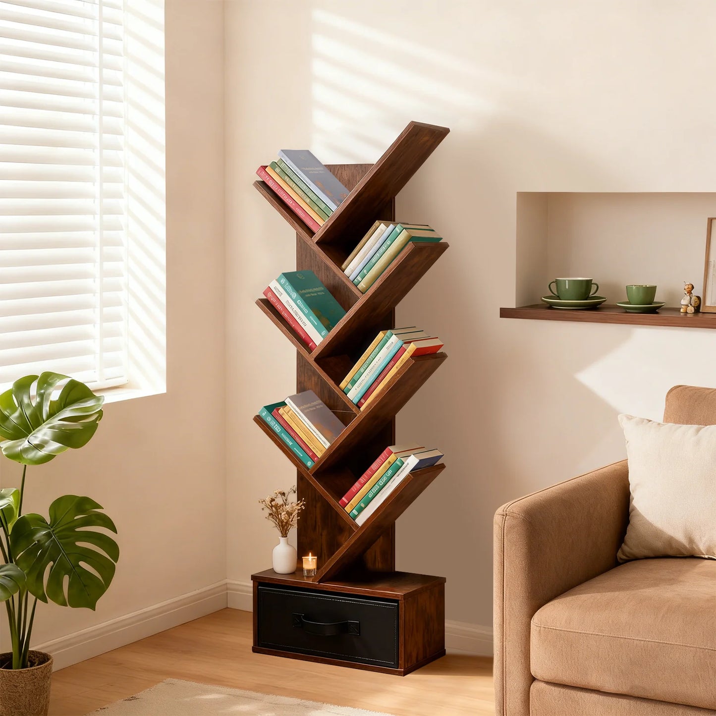 JHK 7-Tier Geometric Wooden Book Rack With Drawer Corner Bookshelf