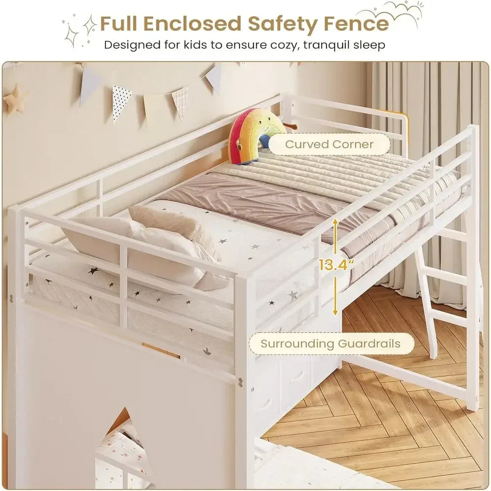 Twin Over Twin L-Shaped Bunk Bed With Storage Drawers And LED Play Area