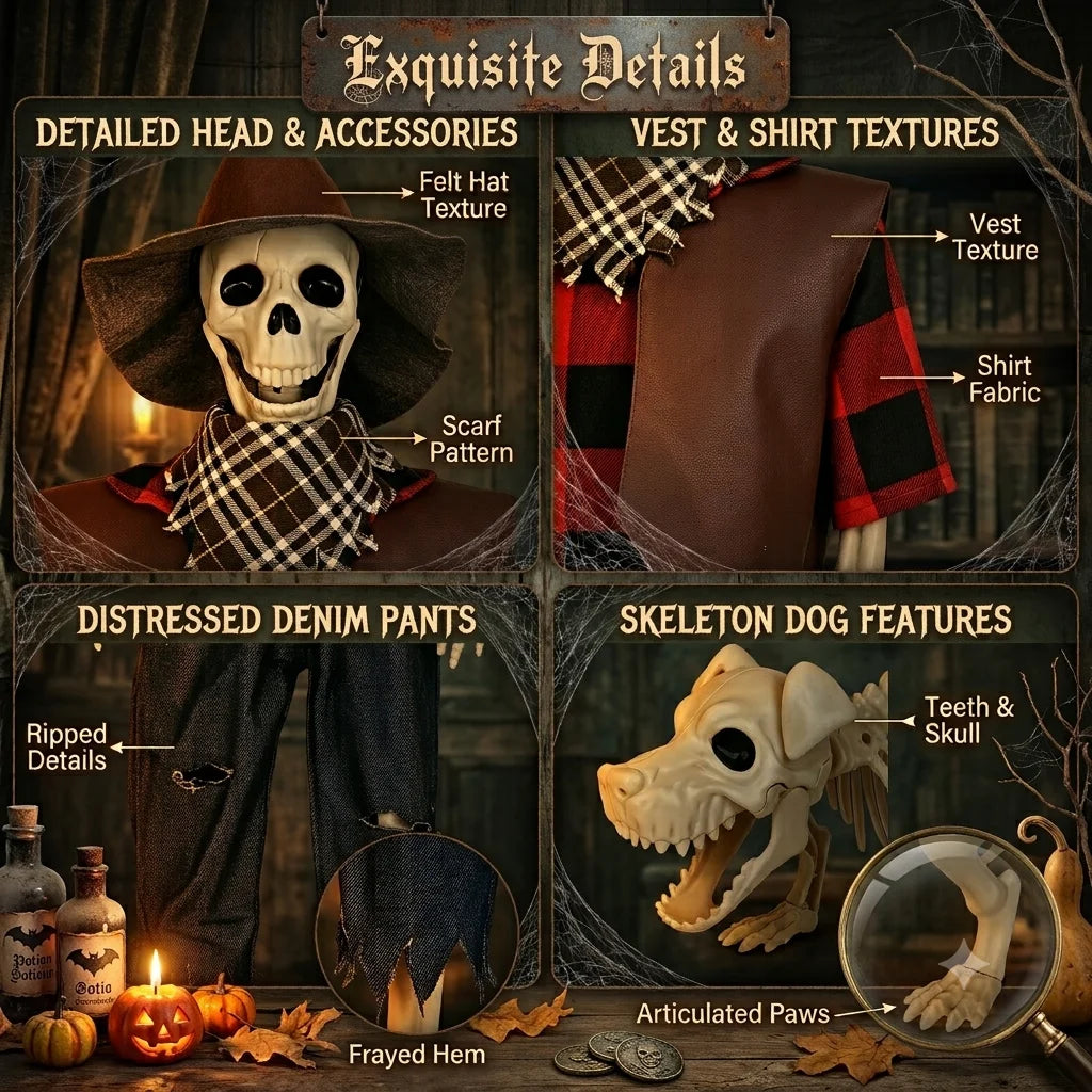 Posable Halloween Skeleton And Dog Outdoor Decorations