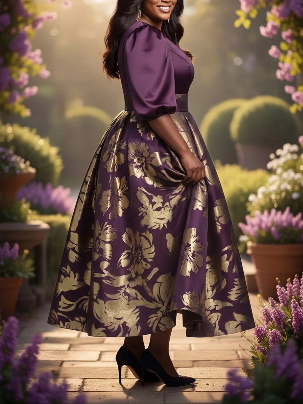 Elegant Floral Midi Dress With Puff Sleeves For Weddings