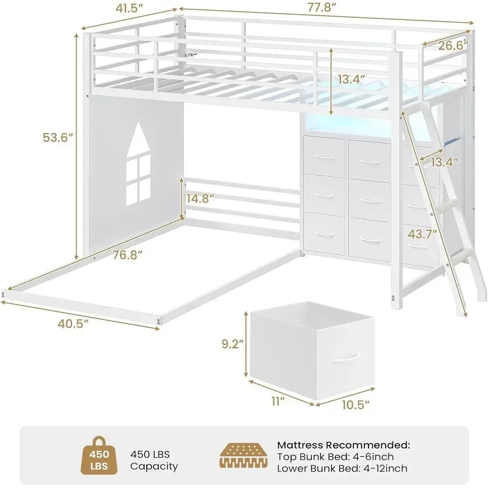 Twin Over Twin L-Shaped Bunk Bed With Storage Drawers And LED Play Area