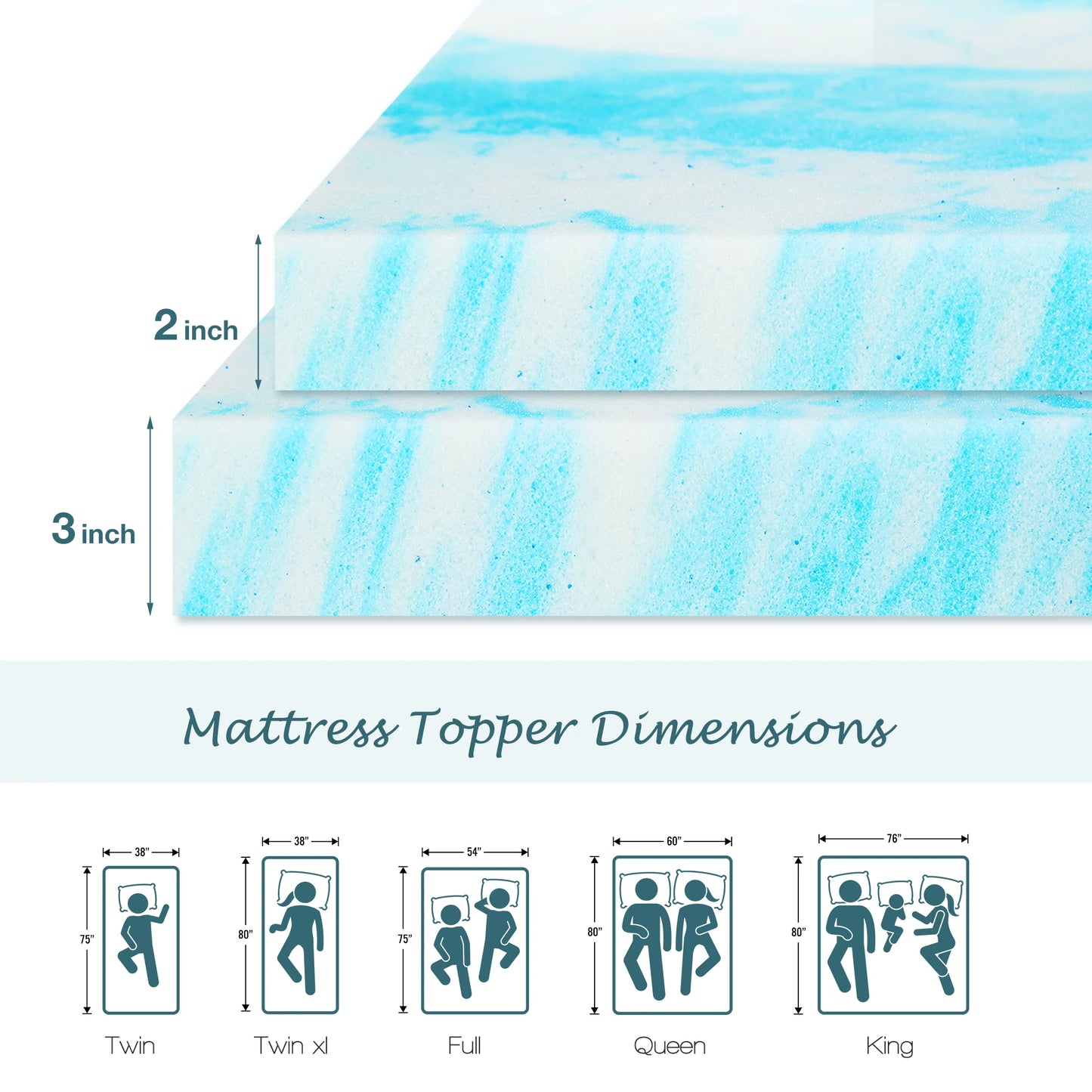JHK Gel Cooling Memory Foam Mattress Topper Soft Breathable