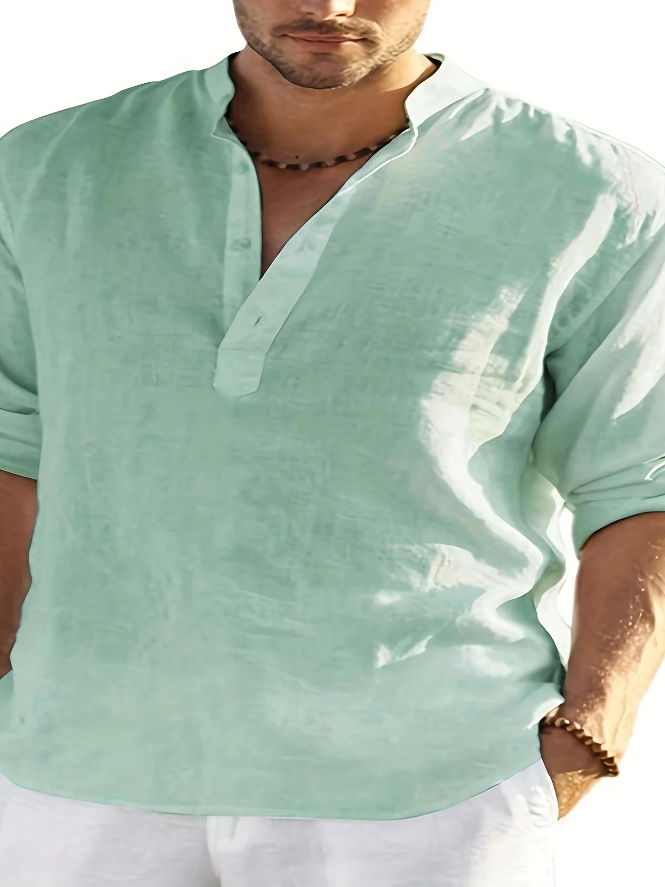 Mens Cotton Linen Stand Collar Long Sleeve Shirt Loose Fit