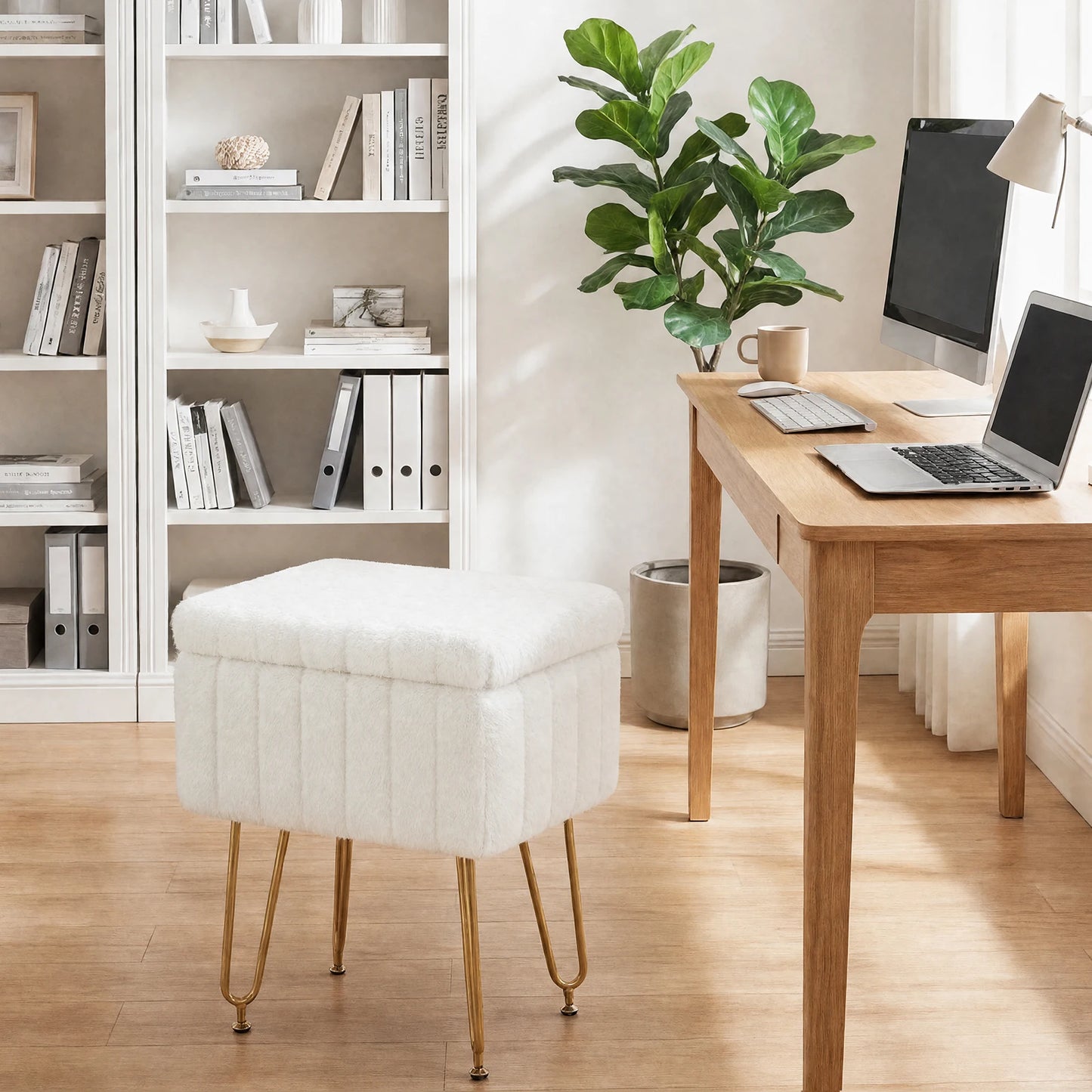 MCQ Faux Fur Storage Ottoman With Metal Legs and Seat