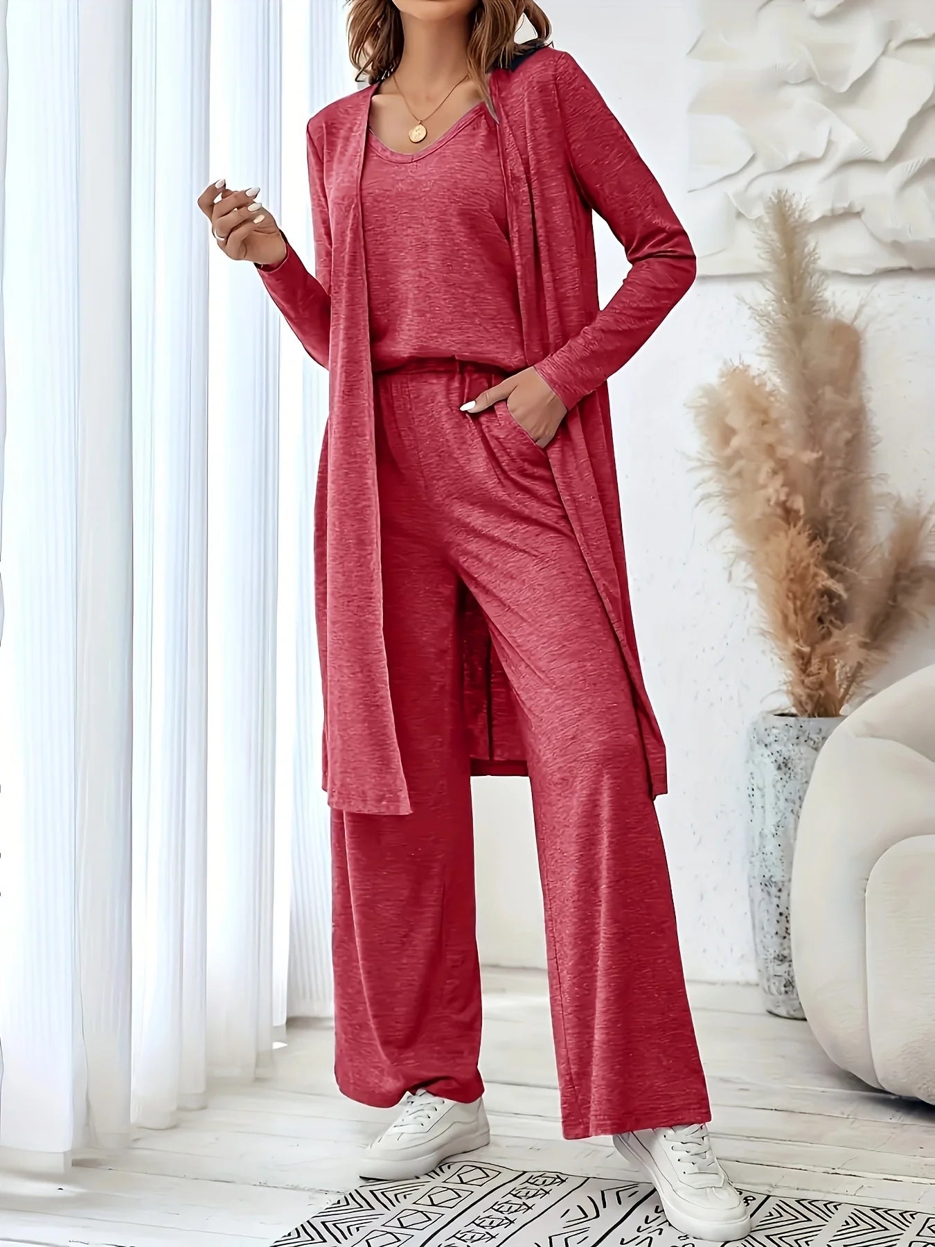 Women's Knit Three Piece Relaxed Loungewear Set With Pants