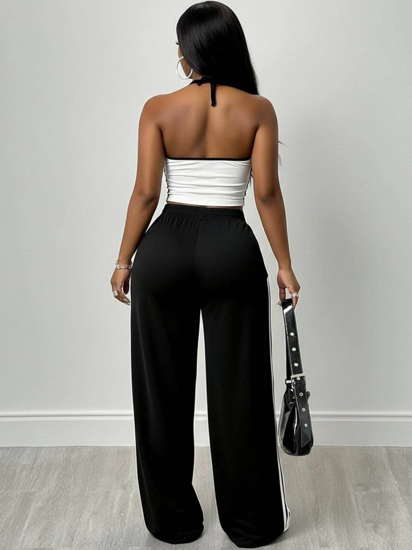 Women Striped Halter Crop Top With Drawstring Wide Leg Pants