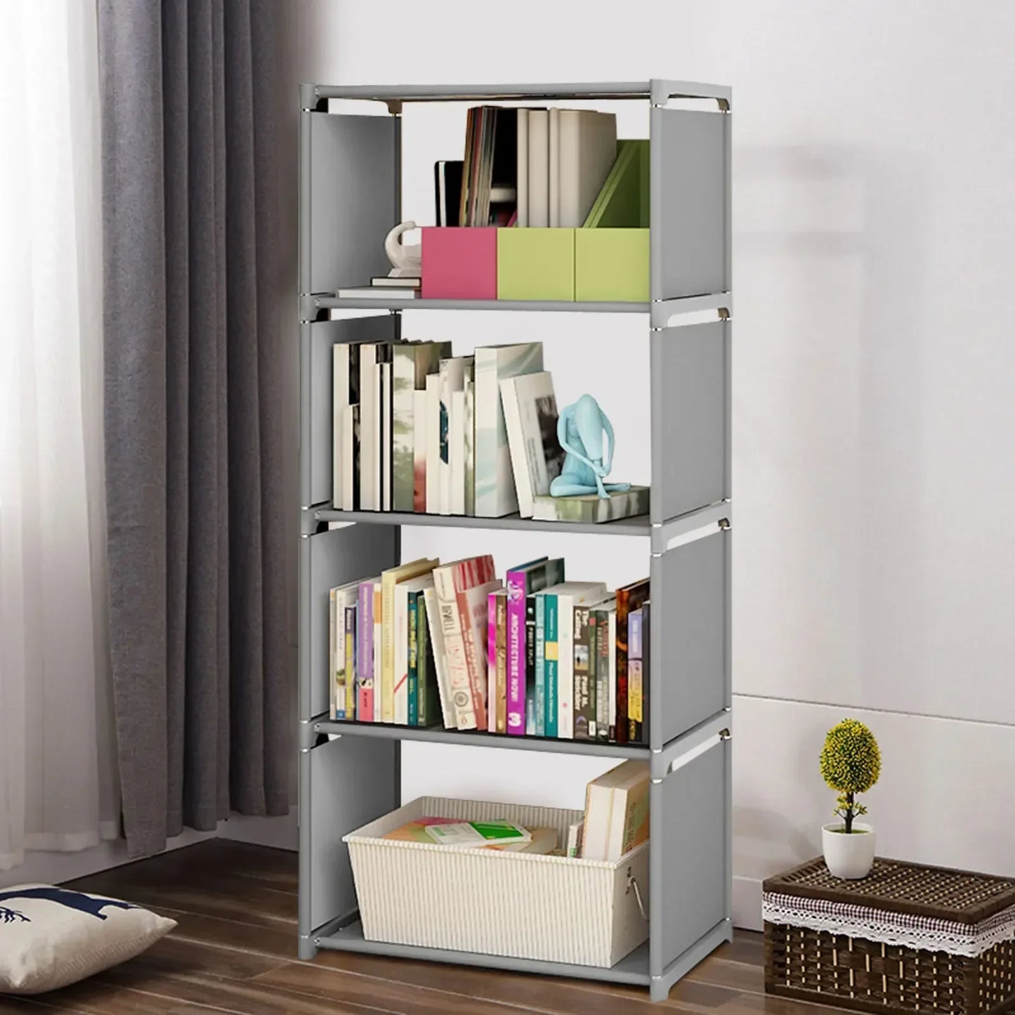 Bymaocar 4-Tier Woven Fabric Bookcase Shelf Storage Unit