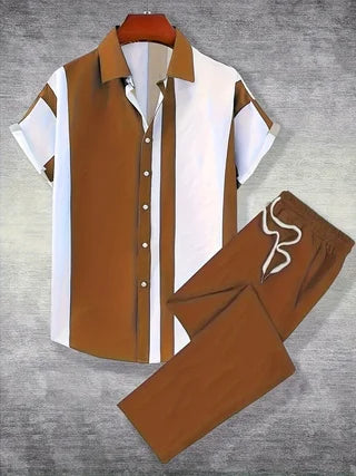 Men's Summer Polyester Printed Button-Down Short Sleeve Shirt And Pants