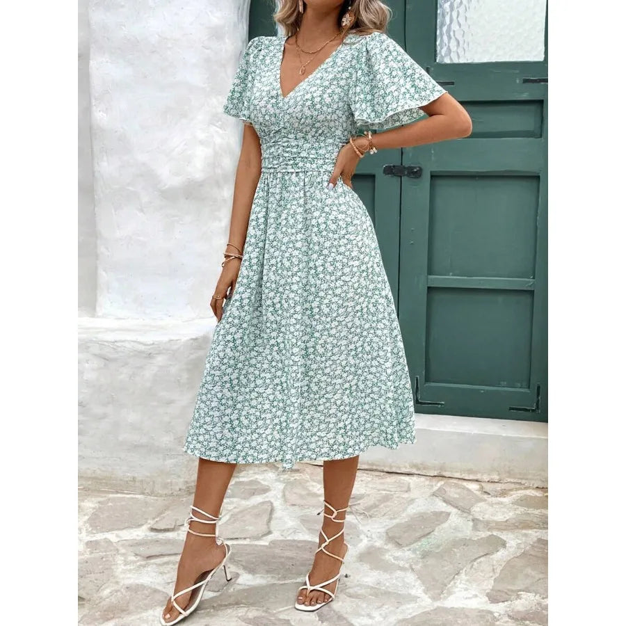 Womens Floral Print V Neck Ruffle Dress Short Sleeve