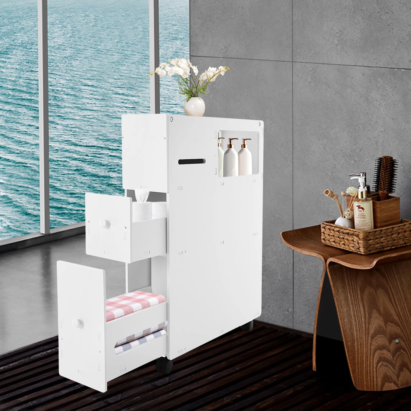 Bymaocar 3 Layer Narrow Cupboard With Drawers Freestanding Corner Organizer