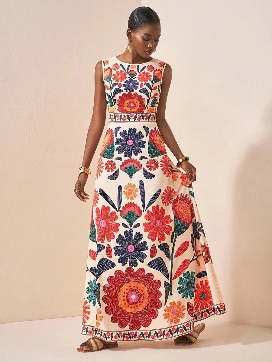 Women Floral Embroidery Sleeveless Maxi Dress For Summer Weddings