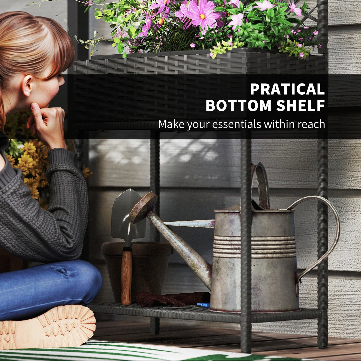 Outsunny Rattan Elevated Planter With Flower Stand And Storage Shelf