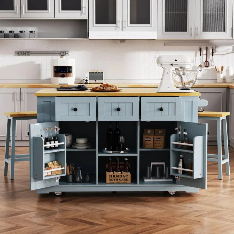 Mobile Kitchen Island With Folding Tabletop And Storage Shelves