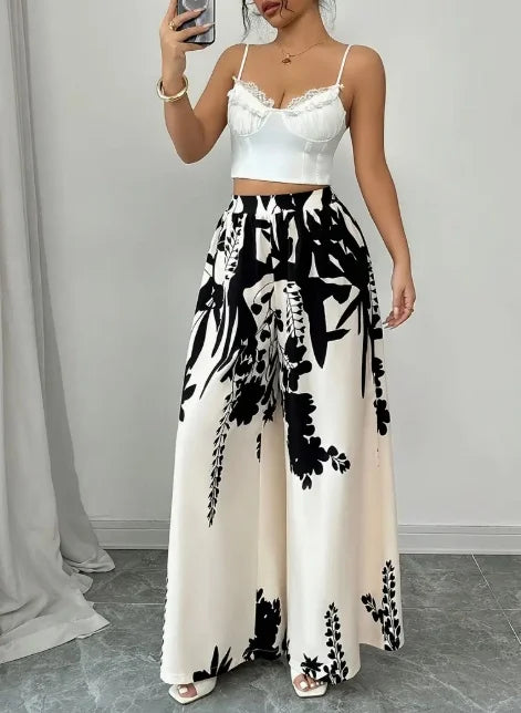 Floral Print Elastic High Waist Wide Leg Satin Palazzo Pants
